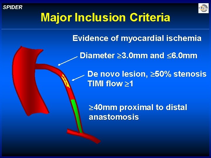 SPIDER Major Inclusion Criteria Evidence of myocardial ischemia Diameter 3. 0 mm and 6.