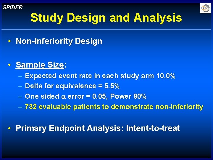 SPIDER Study Design and Analysis • Non-Inferiority Design • Sample Size: – – Expected