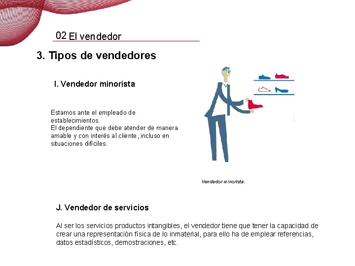 02 El vendedor 3. Tipos de vendedores I. Vendedor minorista Estamos ante el empleado