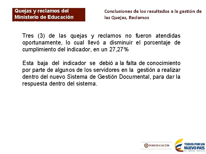 Quejas y reclamos del Ministerio de Educación Nacional Conclusiones de los resultados a la