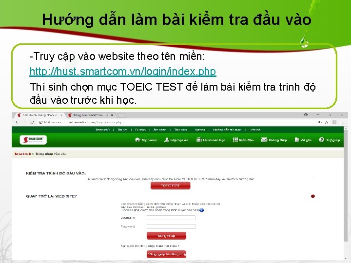 Hướng dẫn làm bài kiểm tra đầu vào -Truy cập vào website theo tên