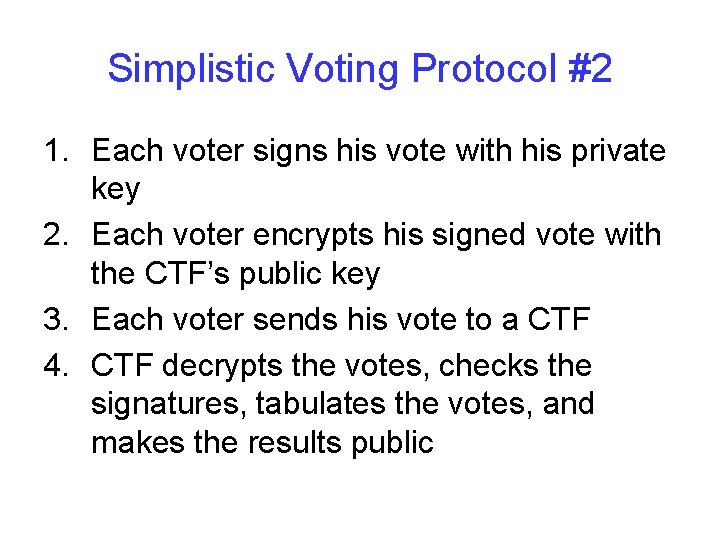 Simplistic Voting Protocol #2 1. Each voter signs his vote with his private key