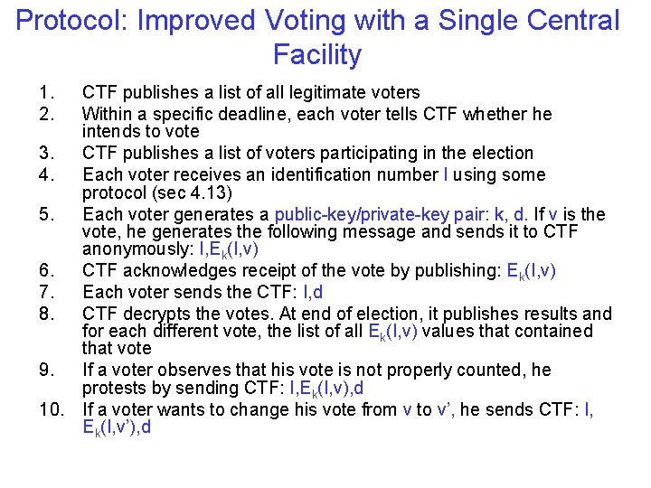 Protocol: Improved Voting with a Single Central Facility 1. 2. CTF publishes a list