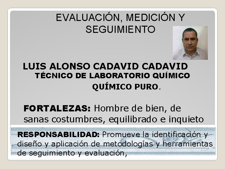 EVALUACIÓN, MEDICIÓN Y SEGUIMIENTO LUIS ALONSO CADAVID TÉCNICO DE LABORATORIO QUÍMICO PURO. FORTALEZAS: Hombre