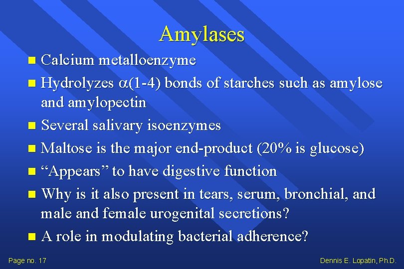 Amylases Calcium metalloenzyme Hydrolyzes (1 -4) bonds of starches such as amylose and amylopectin