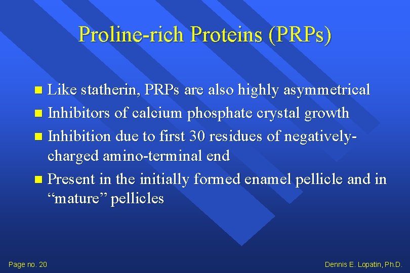 Proline-rich Proteins (PRPs) Like statherin, PRPs are also highly asymmetrical Inhibitors of calcium phosphate