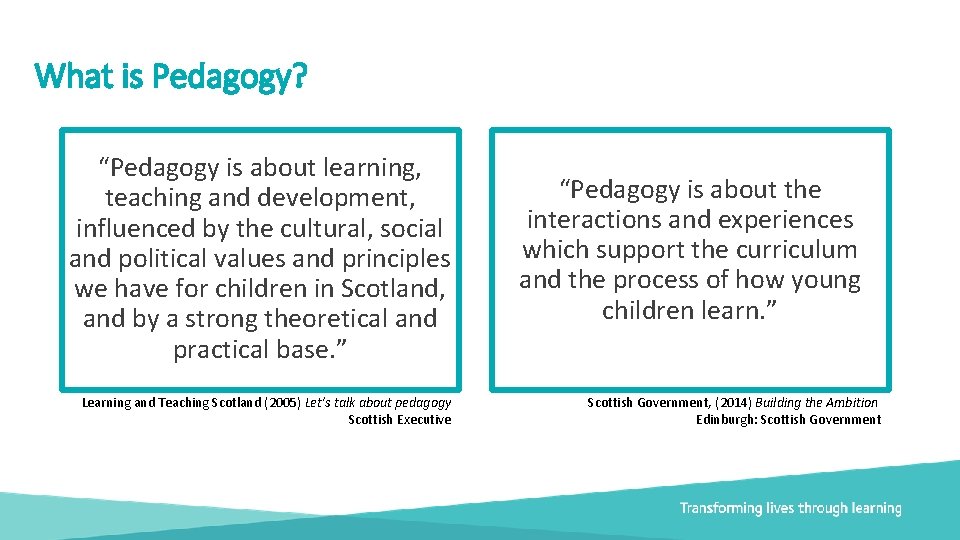 What is Pedagogy? “Pedagogy is about learning, teaching and development, influenced by the cultural,