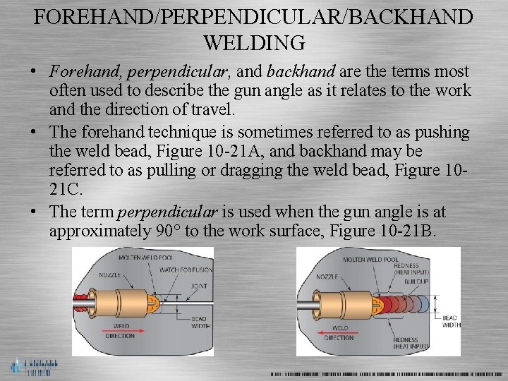 FOREHAND/PERPENDICULAR/BACKHAND WELDING • Forehand, perpendicular, and backhand are the terms most often used to