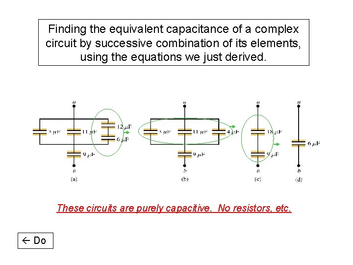 Finding the equivalent capacitance of a complex circuit by successive combination of its elements,
