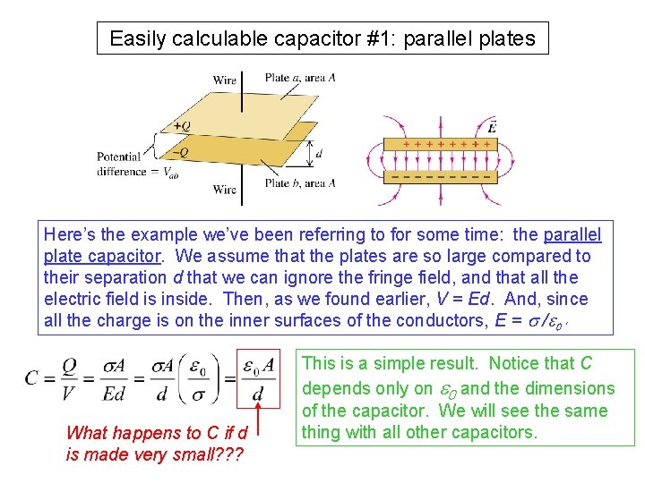 Easily calculable capacitor #1: parallel plates Here’s the example we’ve been referring to for