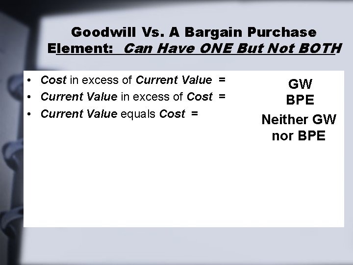 Goodwill Vs. A Bargain Purchase Element: Can Have ONE But Not BOTH • Cost Goodwill Vs. A Bargain Purchase Element: Can Have ONE But Not BOTH • Cost