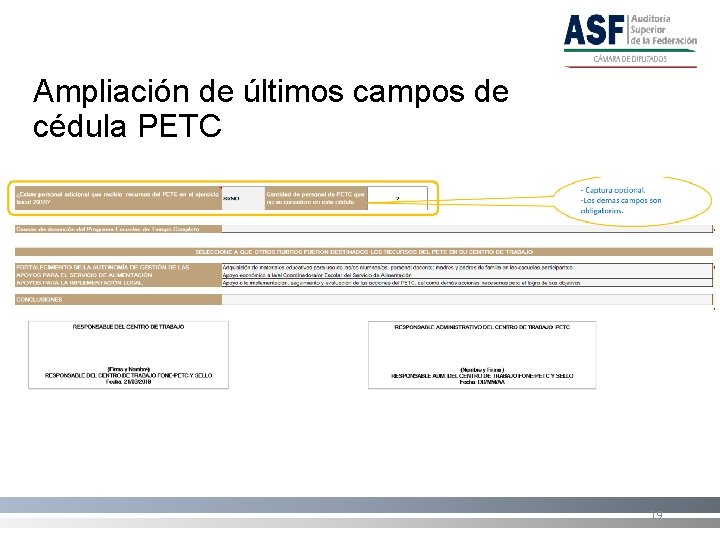 Ampliación de últimos campos de cédula PETC 19 