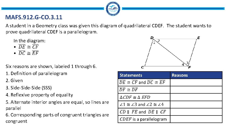 MAFS. 912. G-CO. 3. 11 A student in a Geometry class was given this