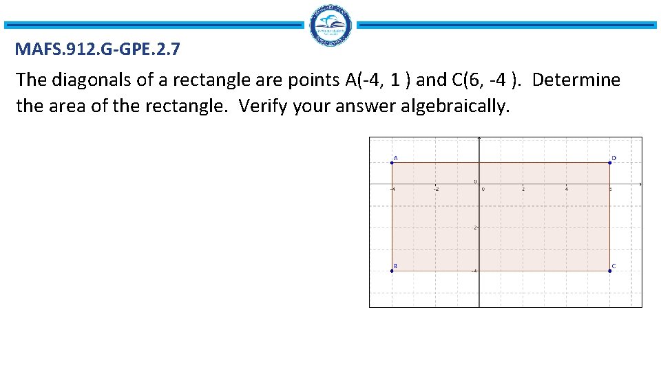 MAFS. 912. G-GPE. 2. 7 The diagonals of a rectangle are points A(-4, 1