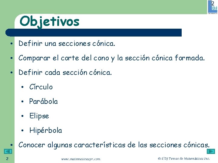 Objetivos • Definir una secciones cónica. • Comparar el corte del cono y la