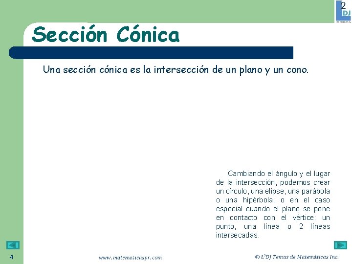 Sección Cónica Una sección cónica es la intersección de un plano y un cono.