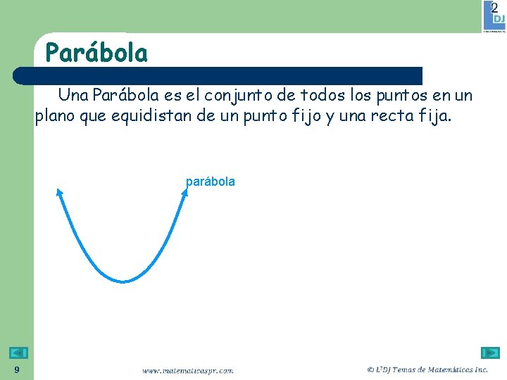 Parábola Una Parábola es el conjunto de todos los puntos en un plano que