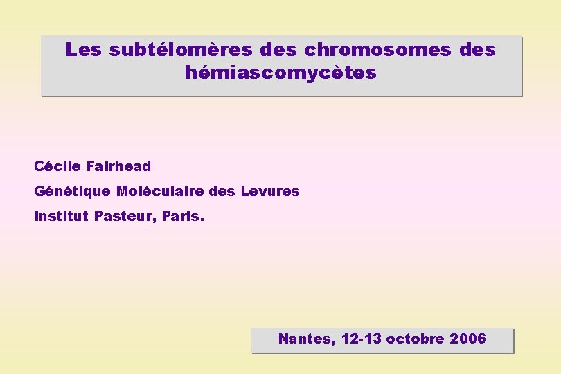 Les subtélomères des chromosomes des hémiascomycètes Cécile Fairhead Génétique Moléculaire des Levures Institut Pasteur,