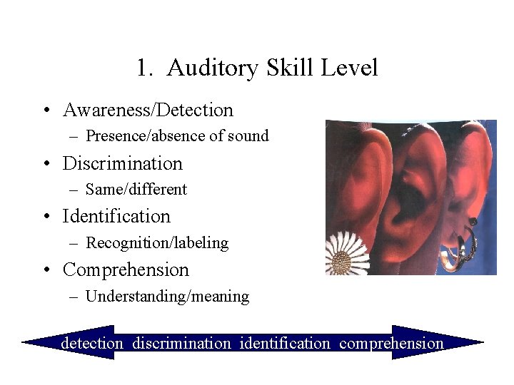 1. Auditory Skill Level • Awareness/Detection – Presence/absence of sound • Discrimination – Same/different