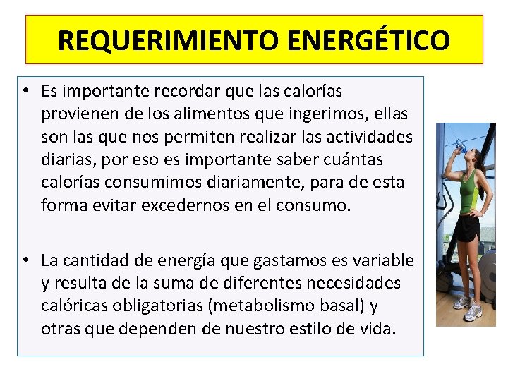 REQUERIMIENTO ENERGÉTICO • Es importante recordar que las calorías provienen de los alimentos que
