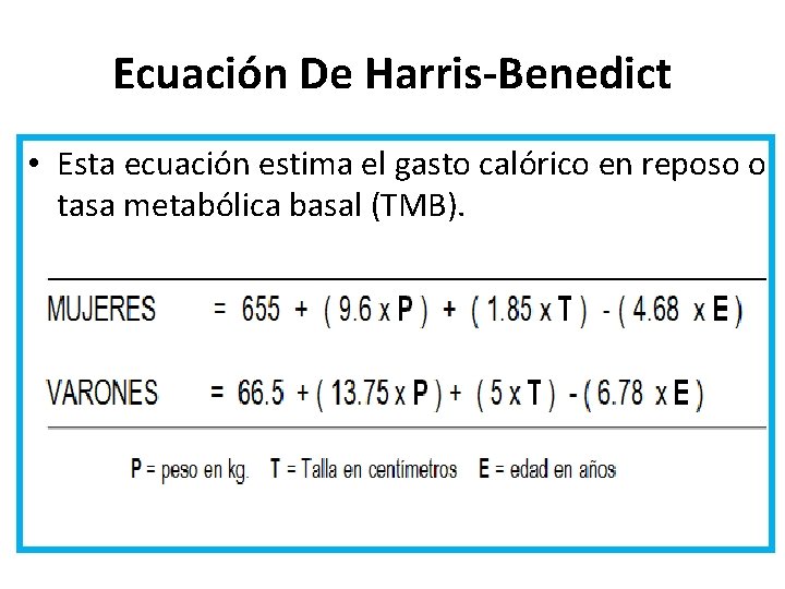 Ecuación De Harris-Benedict • Esta ecuación estima el gasto calórico en reposo o tasa