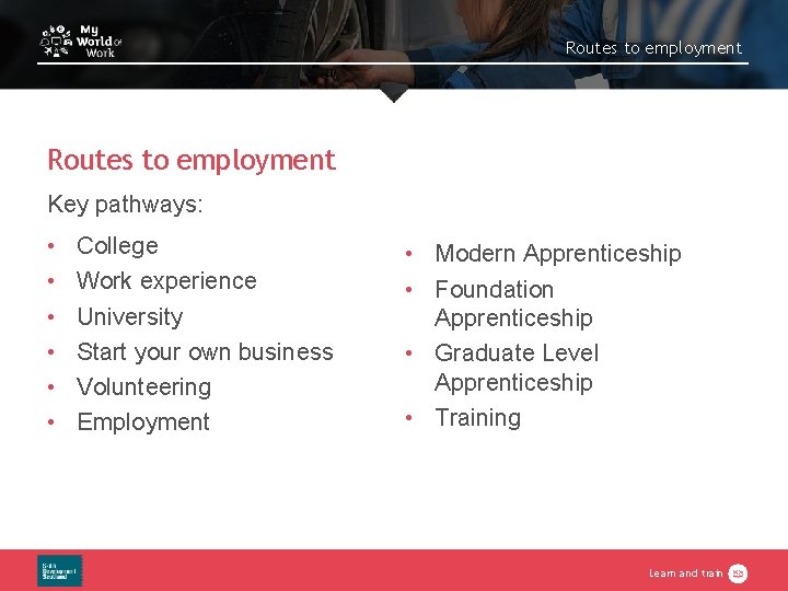 Routes to employment Key pathways: • • • College Work experience University Start your Routes to employment Key pathways: • • • College Work experience University Start your