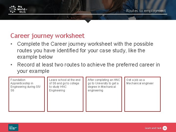 Routes to employment Career journey worksheet • Complete the Career journey worksheet with the Routes to employment Career journey worksheet • Complete the Career journey worksheet with the