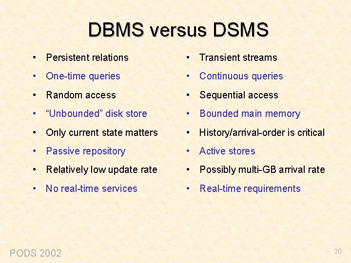 DBMS versus DSMS • Persistent relations • Transient streams • One-time queries • Continuous