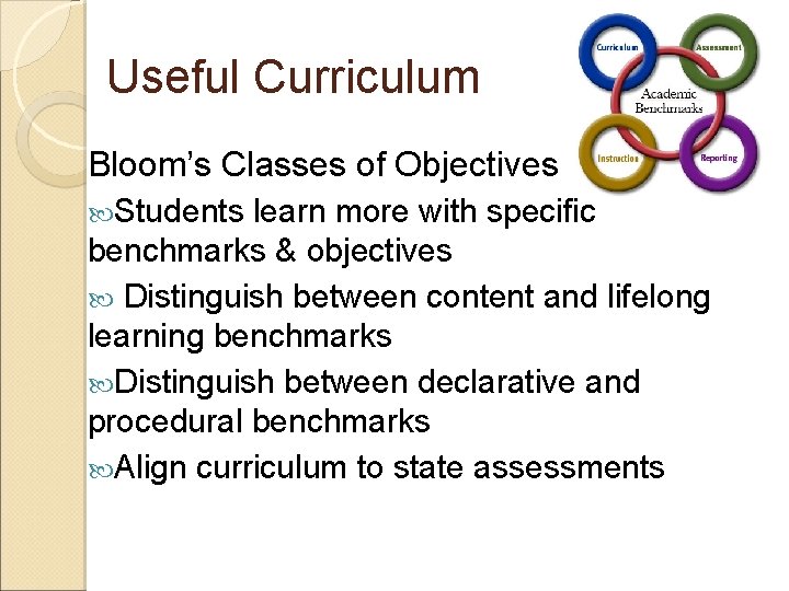Useful Curriculum Bloom’s Classes of Objectives Students learn more with specific benchmarks & objectives