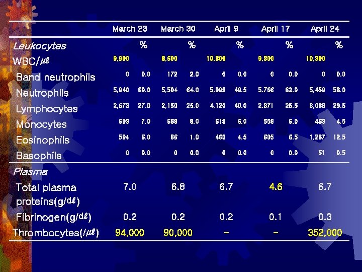 March 23 March 30 % % Leukocytes WBC/㎕ 9, 900 8, 600 April 9