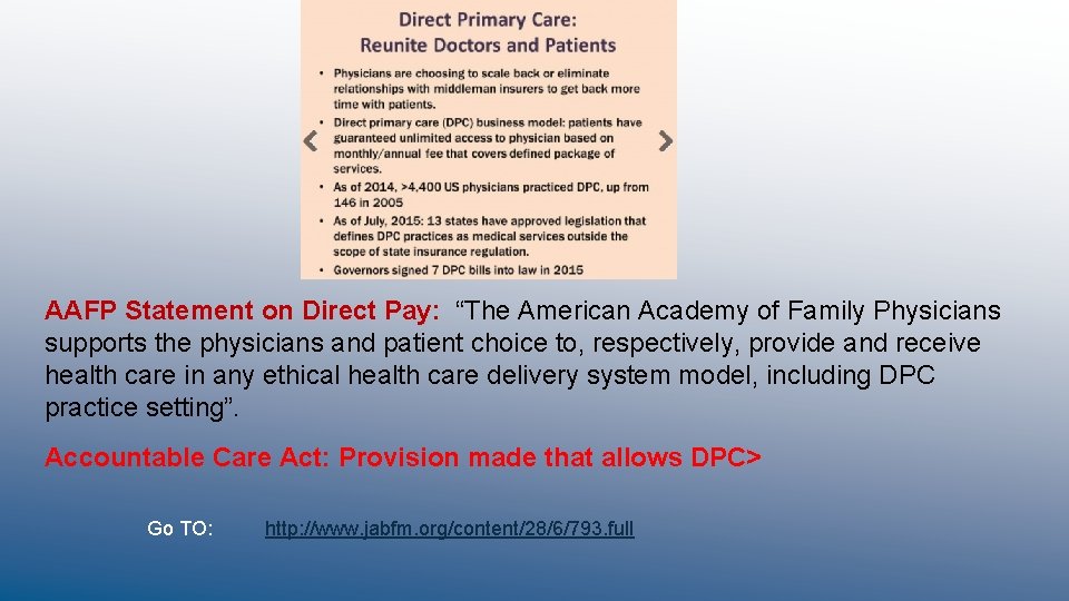 AAFP Statement on Direct Pay: “The American Academy of Family Physicians supports the physicians