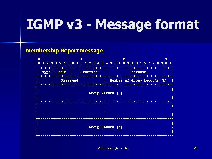IGMP v 3 - Message format Membership Report Message 0 1 2 3 4