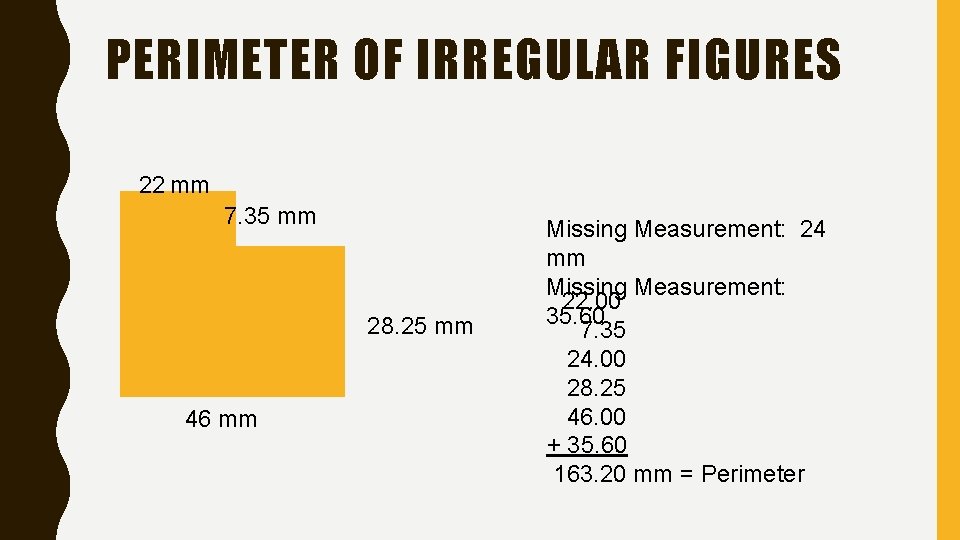 PERIMETER OF IRREGULAR FIGURES 22 mm 7. 35 mm 28. 25 mm 46 mm