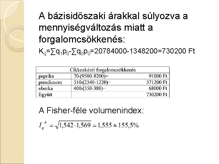 A bázisidőszaki árakkal súlyozva a mennyiségváltozás miatt a forgalomcsökkenés: Kq=∑q 1 p 0 -∑q A bázisidőszaki árakkal súlyozva a mennyiségváltozás miatt a forgalomcsökkenés: Kq=∑q 1 p 0 -∑q