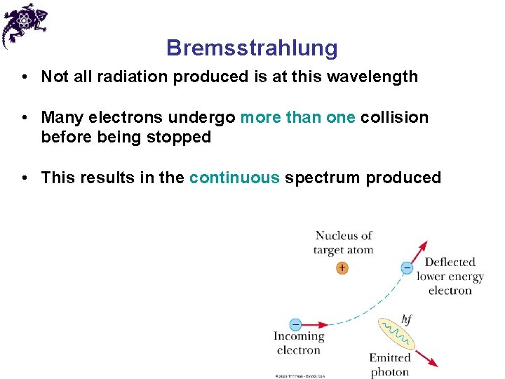 Bremsstrahlung • Not all radiation produced is at this wavelength • Many electrons undergo