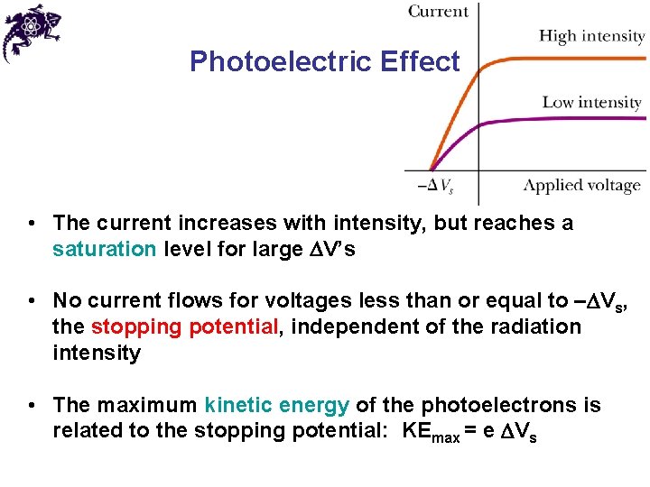 Photoelectric Effect • The current increases with intensity, but reaches a saturation level for