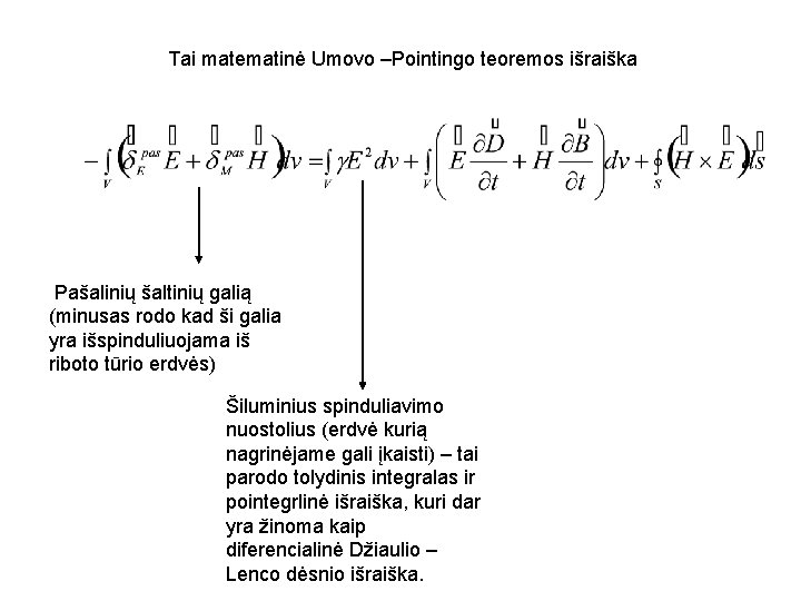 Tai matematinė Umovo –Pointingo teoremos išraiška Pašalinių šaltinių galią (minusas rodo kad ši galia