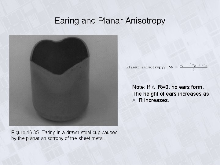 Earing and Planar Anisotropy Note: If R=0, no ears form. The height of ears