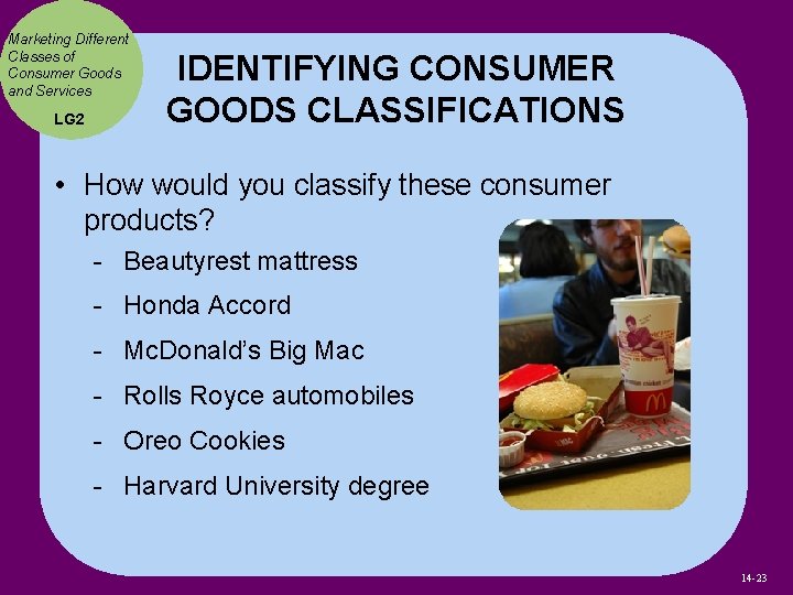 Marketing Different Classes of Consumer Goods and Services LG 2 IDENTIFYING CONSUMER GOODS CLASSIFICATIONS