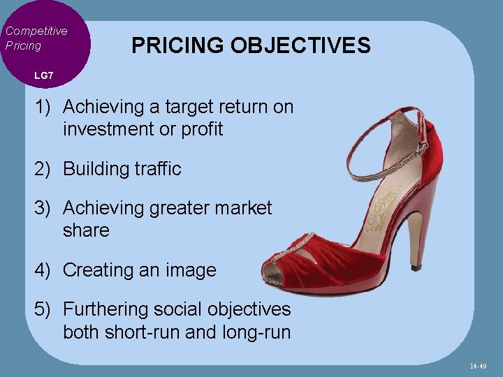 Competitive Pricing PRICING OBJECTIVES LG 7 1) Achieving a target return on investment or