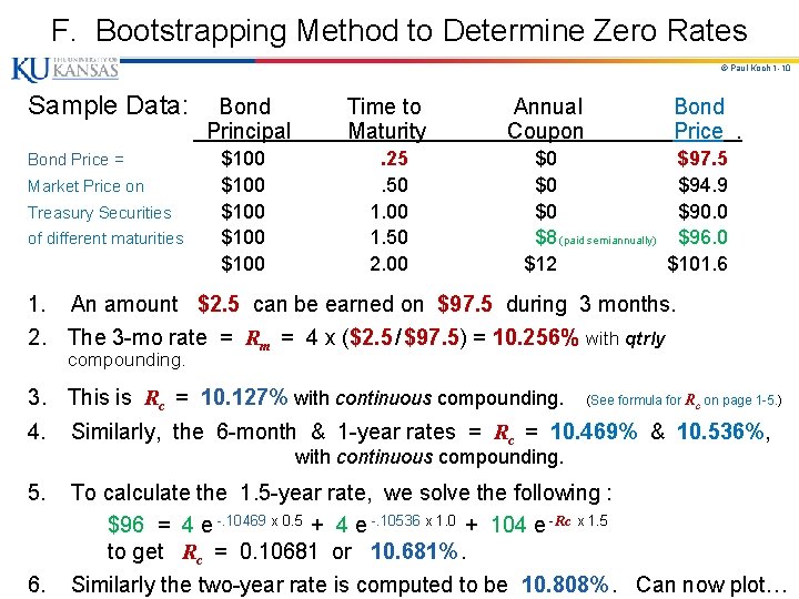 F. Bootstrapping Method to Determine Zero Rates © Paul Koch 1 -10 Sample Data:
