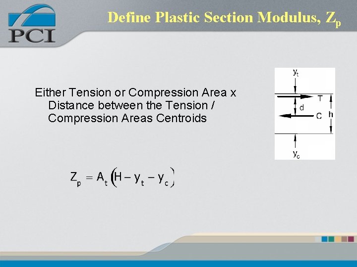 Define Plastic Section Modulus, Zp Either Tension or Compression Area x Distance between the