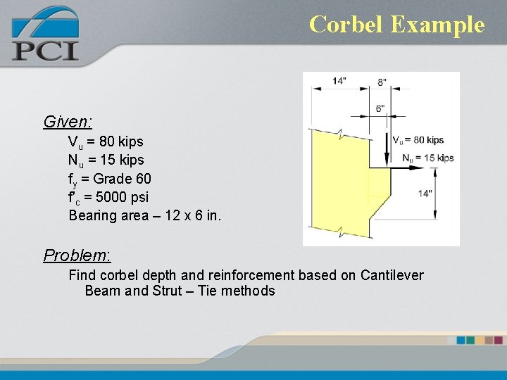 Corbel Example Given: Vu = 80 kips Nu = 15 kips fy = Grade