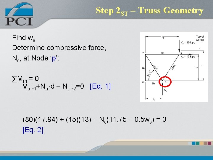 Step 2 ST – Truss Geometry Find ws Determine compressive force, Nc, at Node