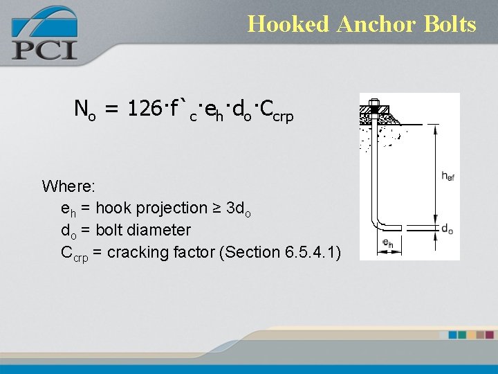 Hooked Anchor Bolts No = 126·f`c·eh·do·Ccrp Where: eh = hook projection ≥ 3 do