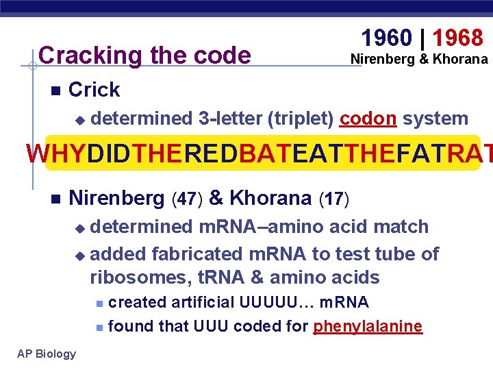 Cracking the code 1960 | 1968 Nirenberg & Khorana Crick u determined 3 -letter