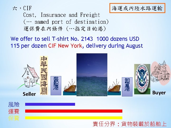 海運或內陸水路運輸 六，CIF Cost, Insurance and Freight (… named port of destination) 運保費在內條件 (…指定目的港) We