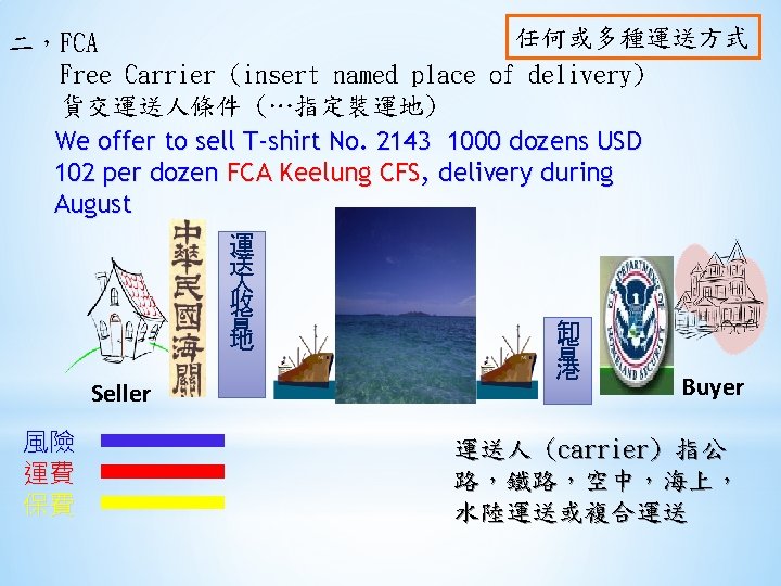 任何或多種運送方式 二，FCA Free Carrier (insert named place of delivery) 貨交運送人條件 (…指定裝運地) We offer to