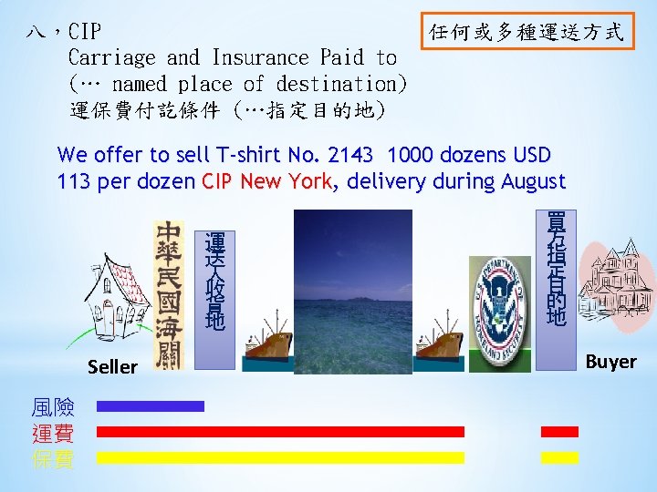 任何或多種運送方式 八，CIP Carriage and Insurance Paid to (… named place of destination) 運保費付訖條件 (…指定目的地)