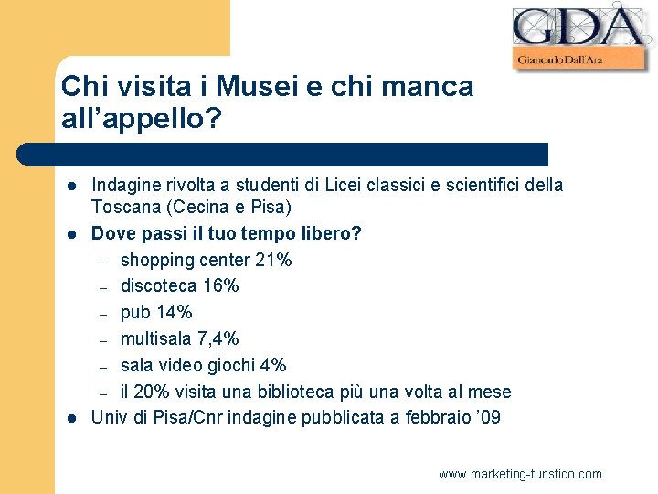Chi visita i Musei e chi manca all’appello? l l l Indagine rivolta a Chi visita i Musei e chi manca all’appello? l l l Indagine rivolta a